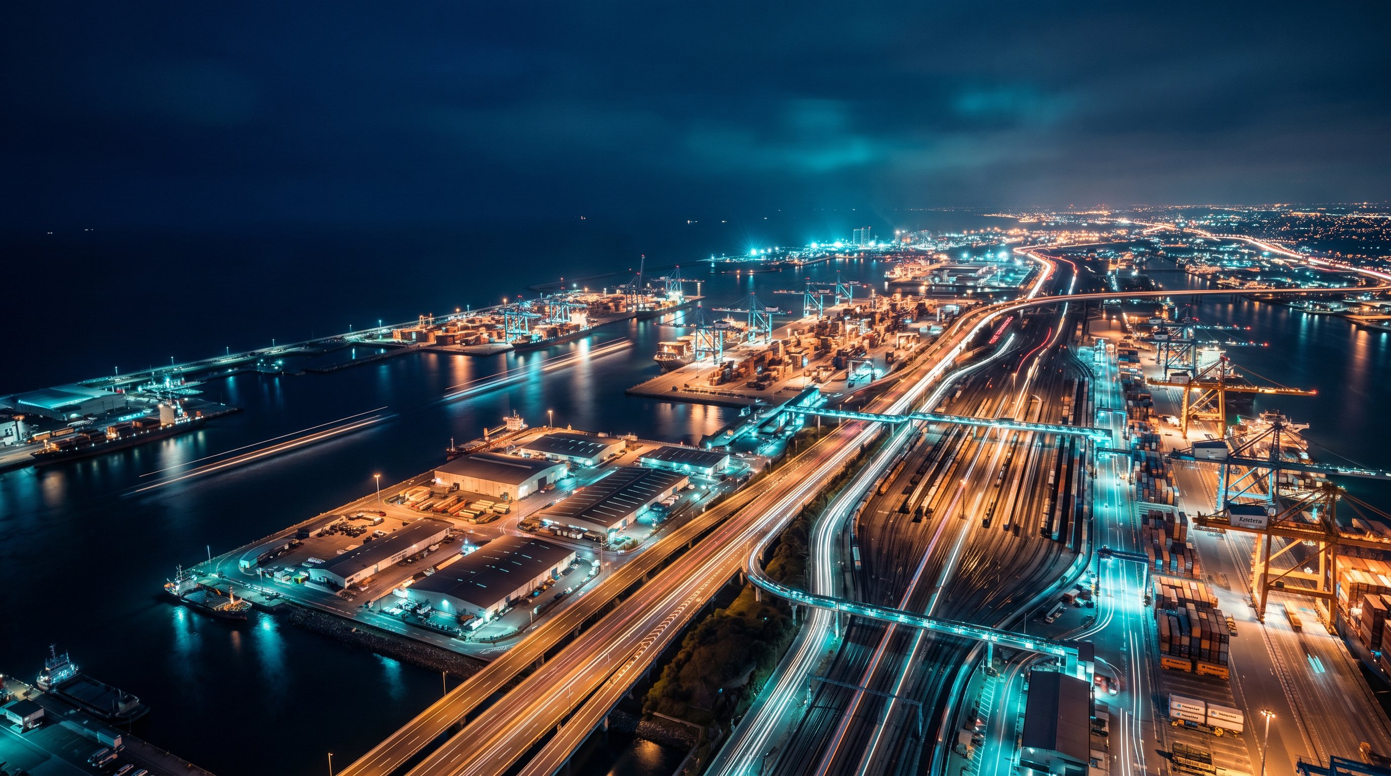 Aerial night view of a working port — shipping terminals, rail yards and illuminated freeways forming a connected operating system.
